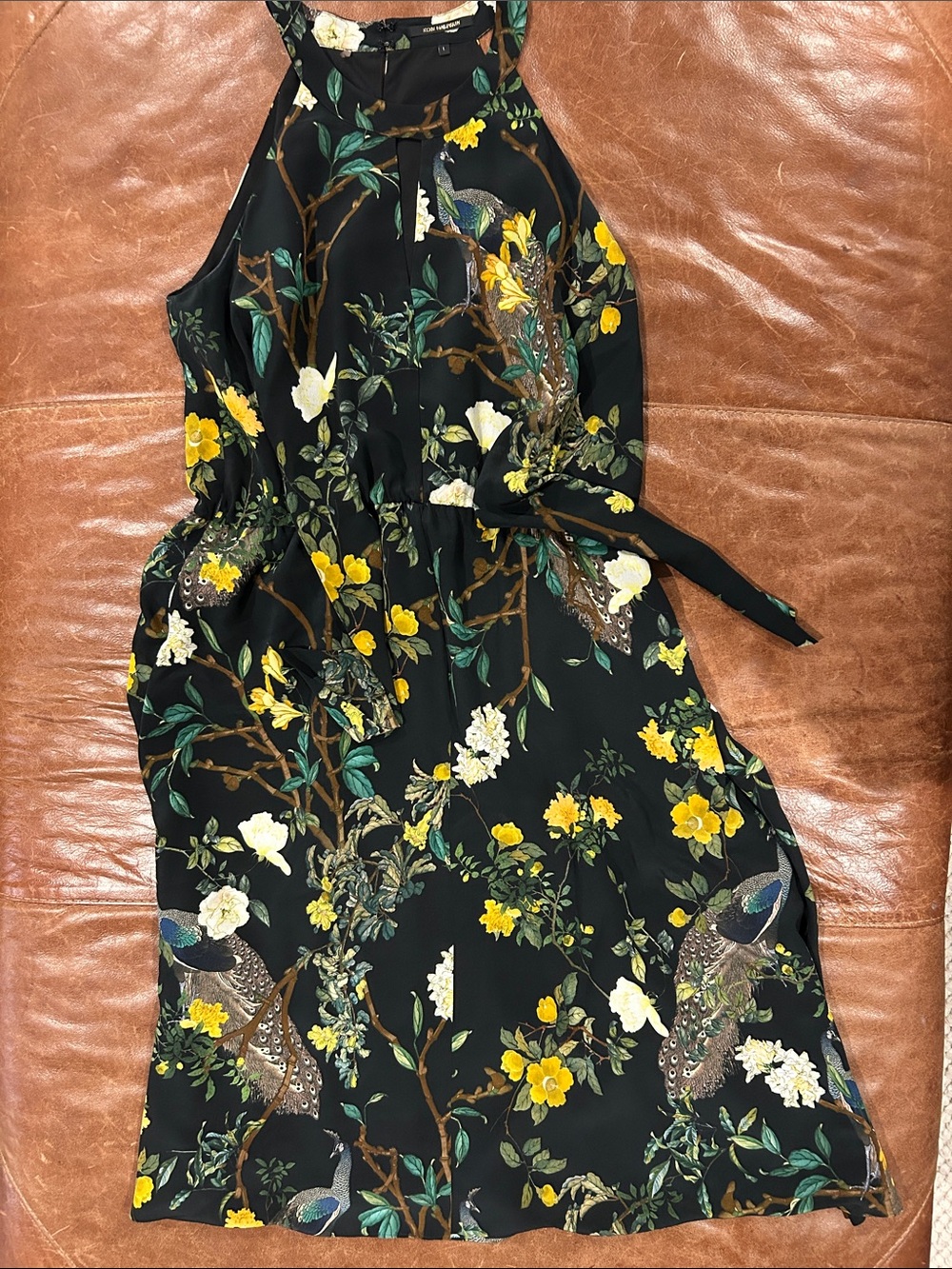 Kobi Halperin Black Floral Halter Midi Dress with Yellow & White Blooms